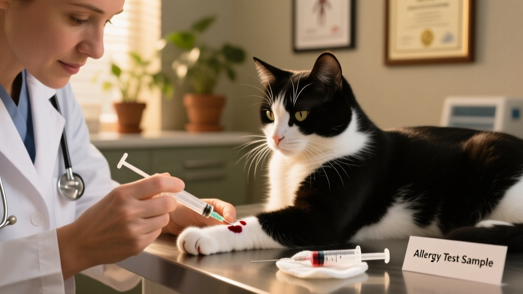 Close-up of a veterinarian gently collecting a small blood sample from a calm cat’s leg
