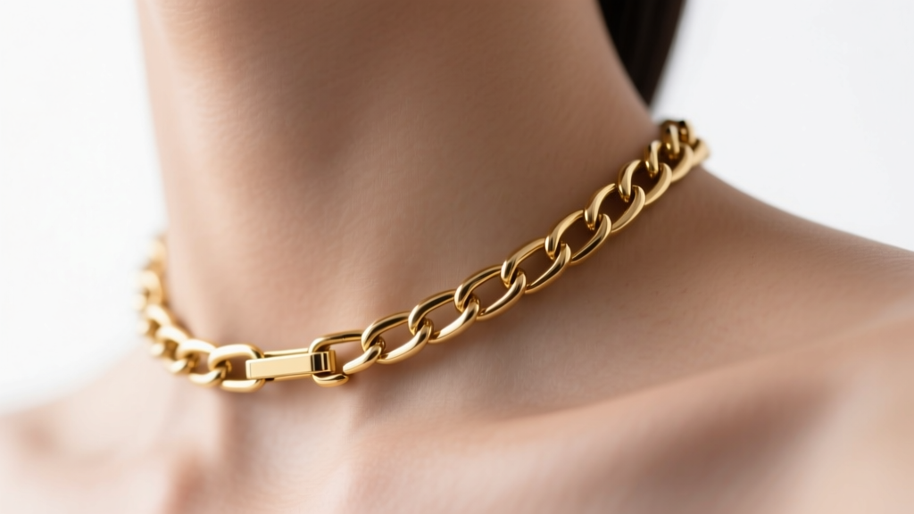 Close-up of a seamless 18-gauge gold box chain sliding through a hidden magnetic clasp at the nape of a neck, macro photography