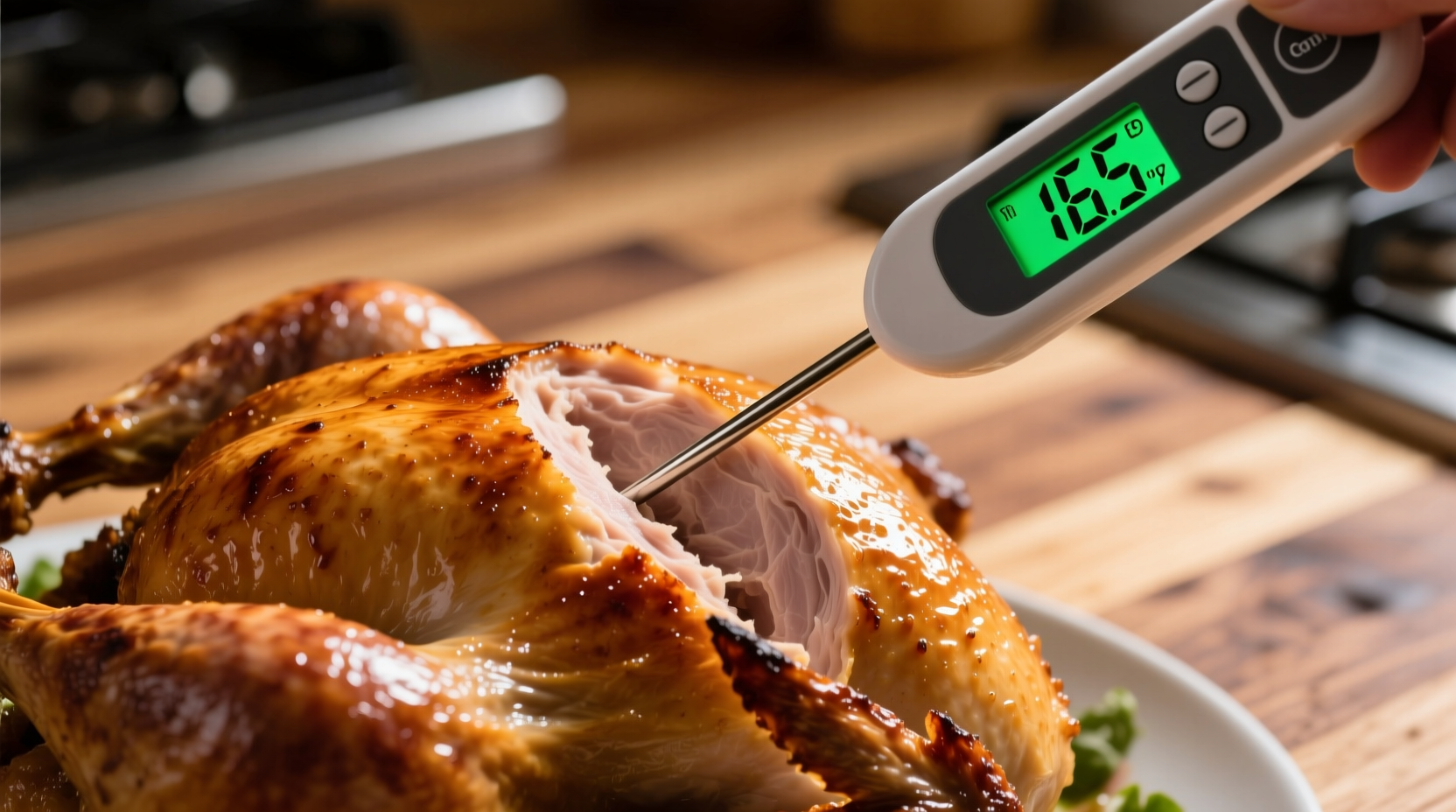 Digital thermometer showing 165 degrees in turkey breast