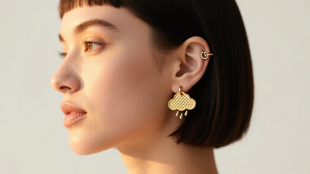 Side profile of a woman with a bob showcasing a 16-gauge rain cloud cartilage huggie and a matching lobe stud in golden light