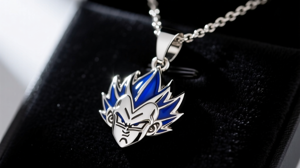 Close-up of a sterling silver King Vegeta necklace pendant with the Saiyan royal crest and blue enamel on dark velvet.