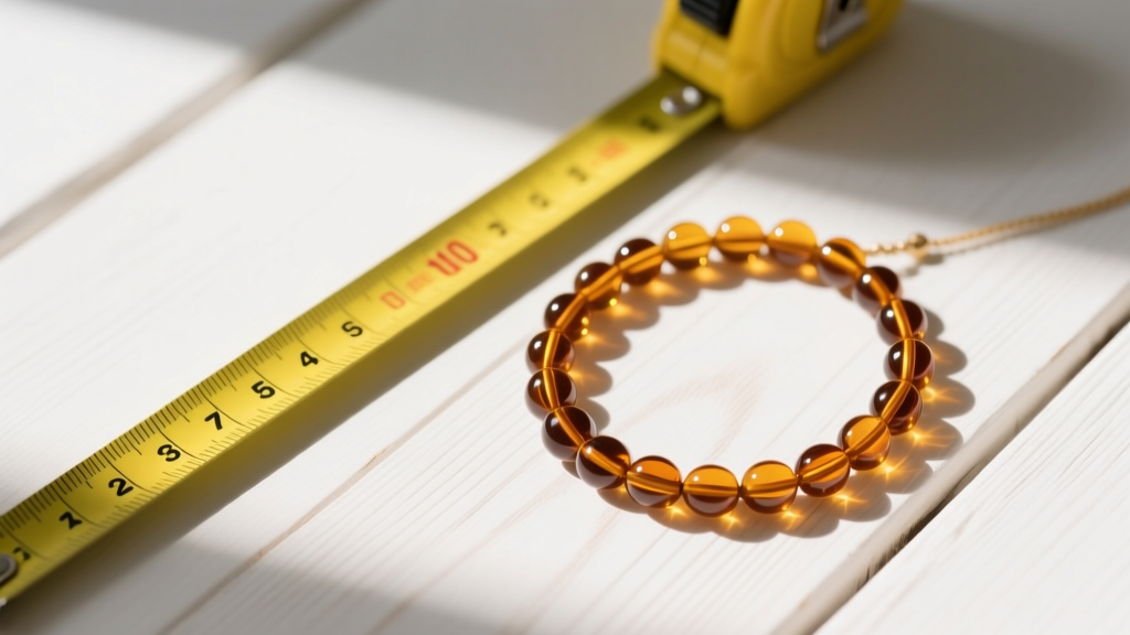 Yellow measuring tape next to a coiled cognac amber baby necklace on a clean white wooden surface, shot from a top-down view