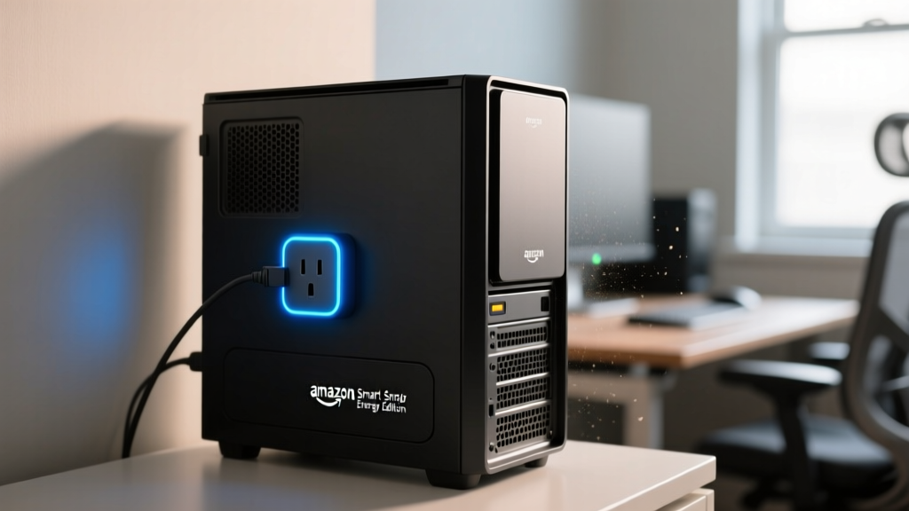 Close up of an Amazon Smart Plug Energy Edition monitoring a high-draw desktop PC tower with glowing LED indicator