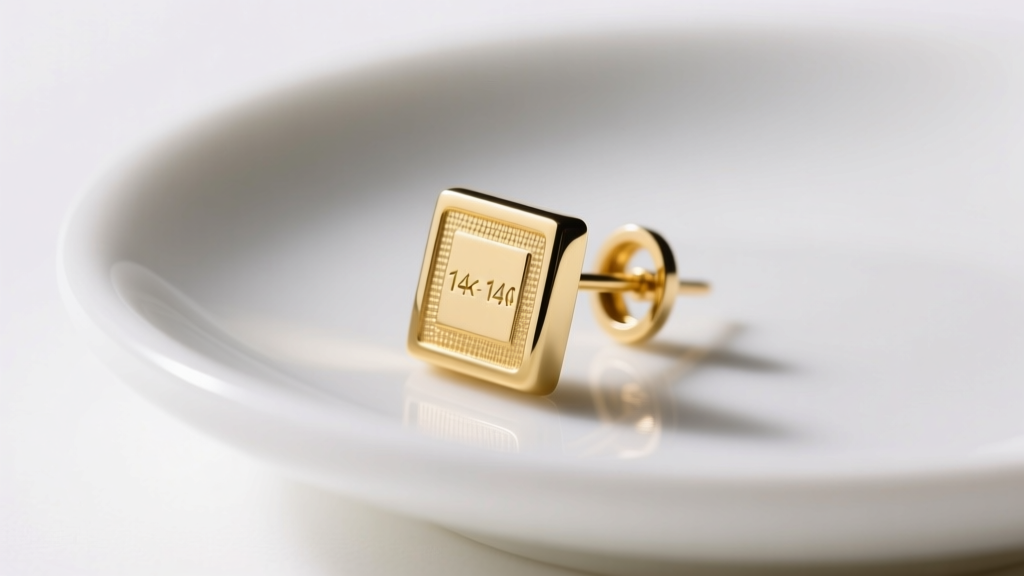 Macro photography of a 14k yellow gold friction earring back resting on a white ceramic dish under bright, soft studio lighting.