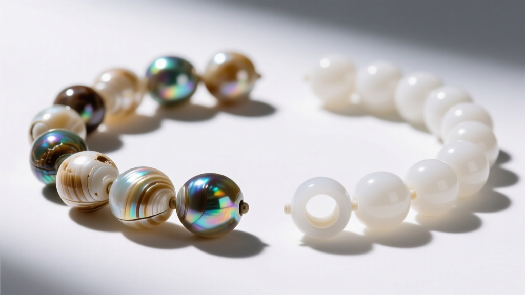 Side-by-side comparison of AAA grade thick poka shell beads versus thin polymer imitation beads under bright gemological lighting.