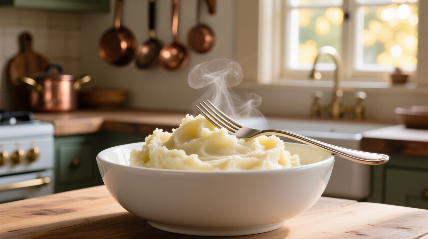 Creamy mashed potatoes in white bowl