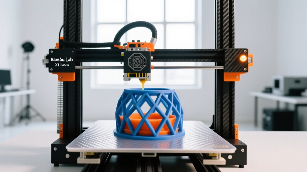 Bambu Lab X1 Carbon 3D printer actively printing a complex geometric master mold for custom silicone bakeware on a textured PEI plate