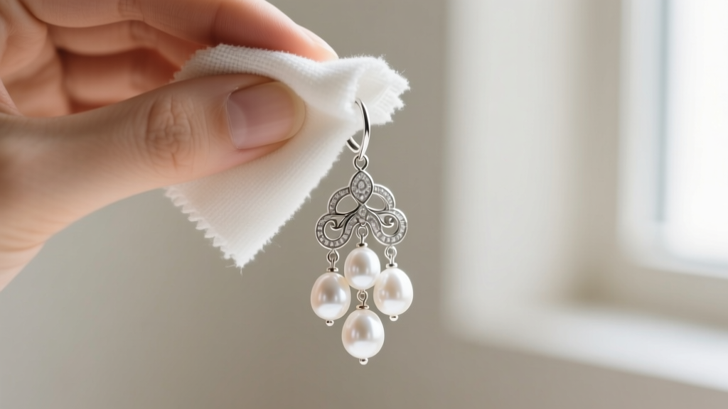 Microfiber cloth gently wiping a delicate sterling silver and white pearl cluster drop earring held by a jeweler's gloved hand