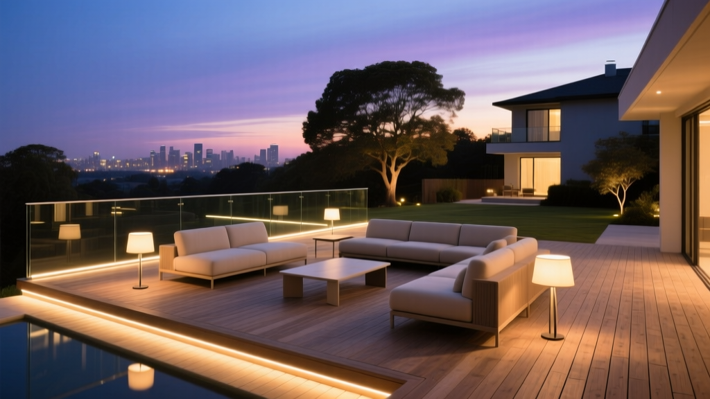 Spacious 20x20 composite deck with glass balustrade railing, built-in LED lighting, and modern lounge furniture at dusk
