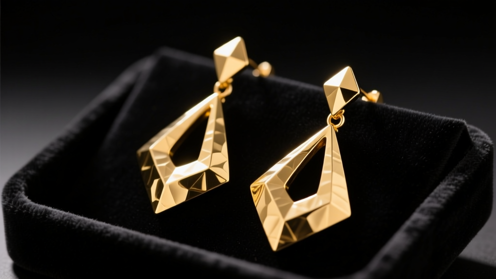 Close-up of hammered gold 1980s geometric teardrop dangle earrings resting on dark velvet jeweler tray under warm studio lighting.