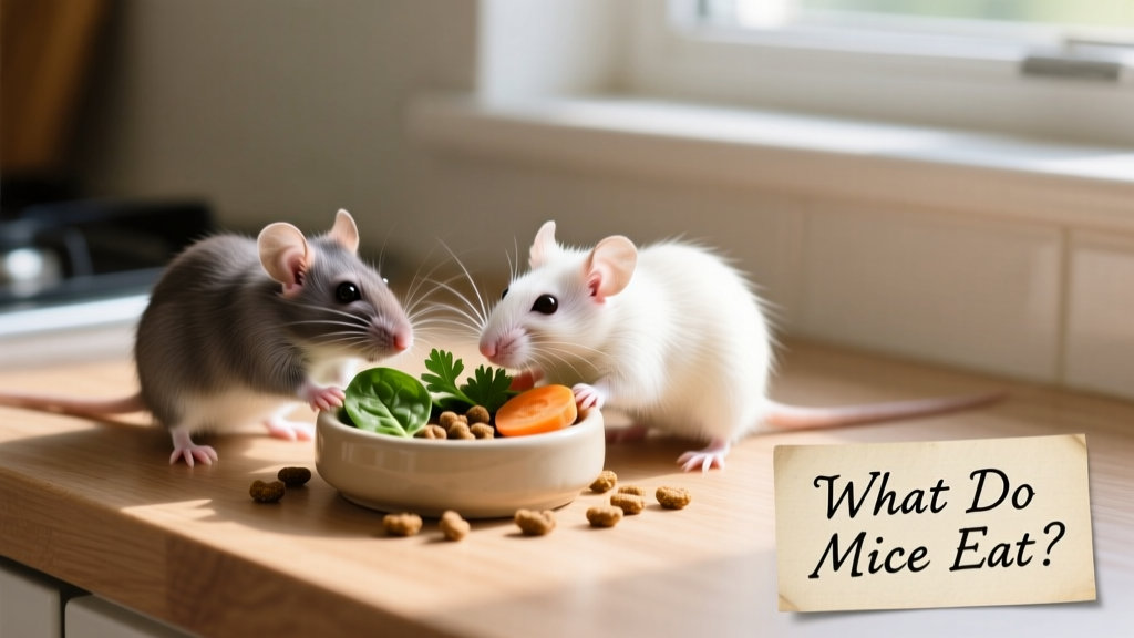 Two pet mice interacting near a clean food dish containing pellets and fresh greens