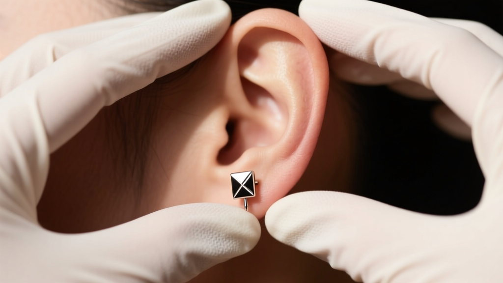 Gloved hands gently gripping a 16-gauge titanium threadless earring end on an earlobe, illuminated by soft, warm studio lighting.
