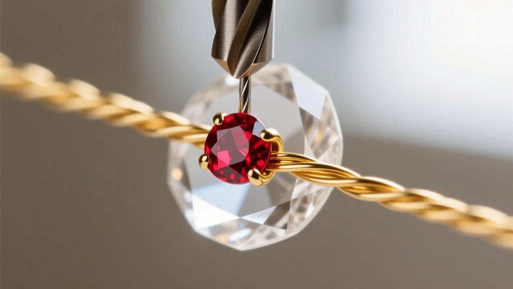 Macro shot of 26-gauge gold wire wrapping through a quartz briolette drill hole, highlighting a small protective ruby bead spacer