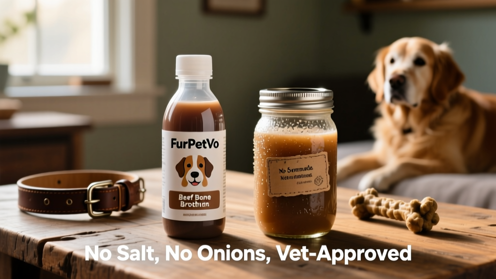 Side-by-side comparison: a labeled bottle of FurPetVo Beef Bone Broth for Dogs next to a homemade batch in a mason jar, both clearly marked 'No Salt, No Onions, Vet-Approved'