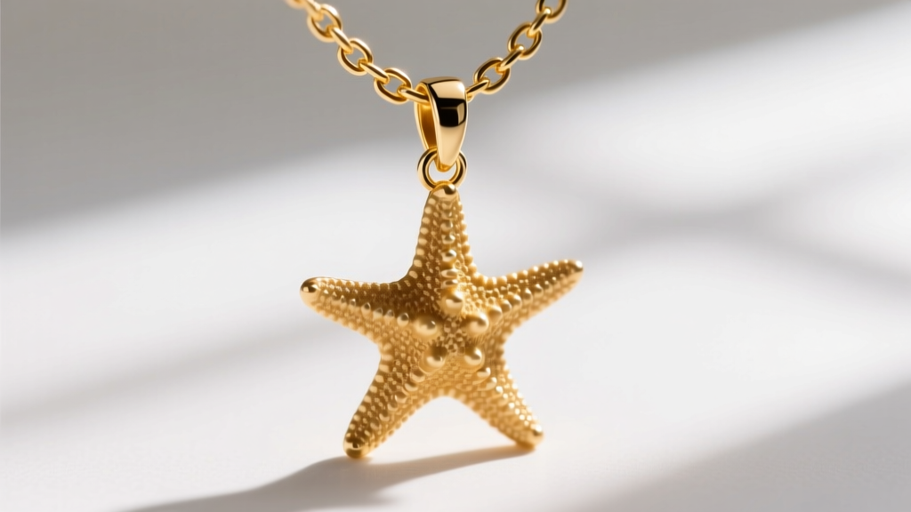 Macro shot of a 1.2mm 18k gold box chain threading through the bail of a polished starfish pendant, showing jump ring details.