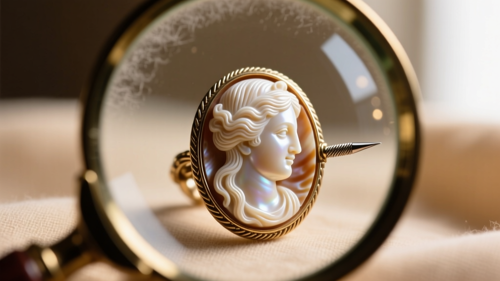 Close-up of a 10x loupe examining microscopic carving tool marks on the hair detail of an antique conch shell cameo earring.