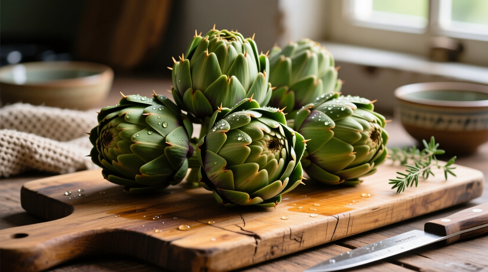 Fresh artichokes arranged on wooden cutting board