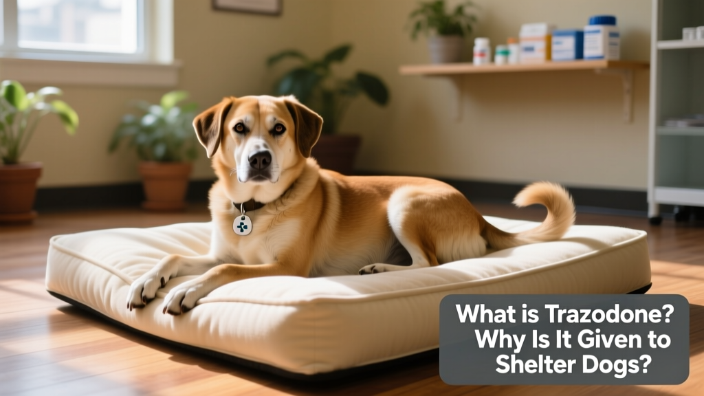 A calm, relaxed shelter dog resting on a soft bed with a gentle expression