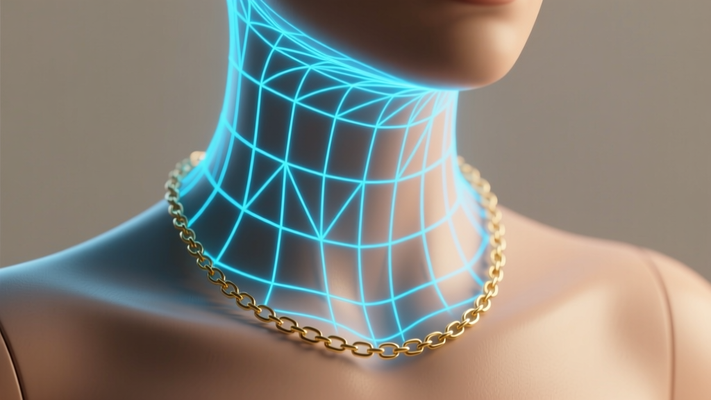 Digital illustration showing a glowing blue wireframe grid mapping the catenary drape of a necklace chain over a 3D neck model