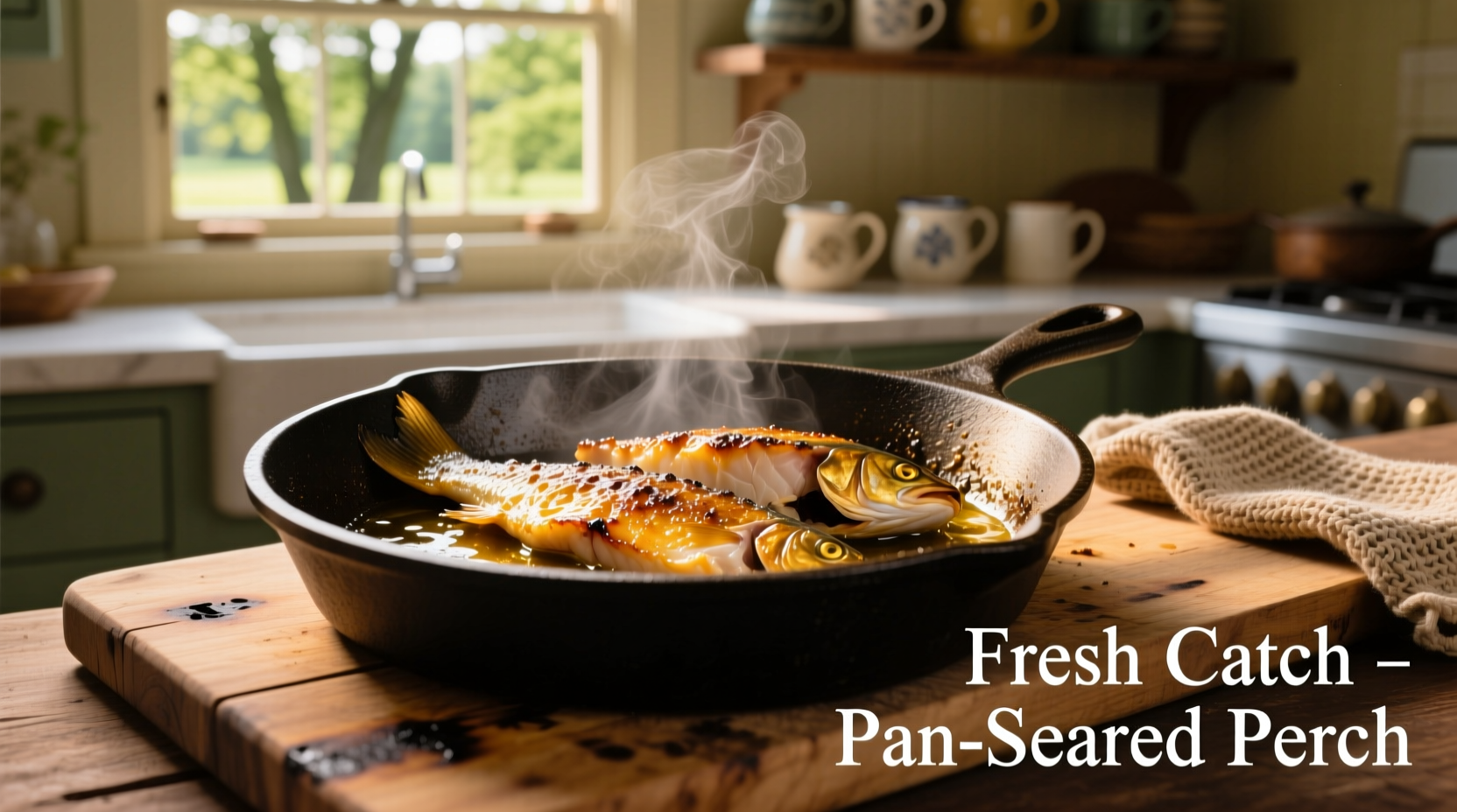 Golden brown perch fillets in cast iron skillet