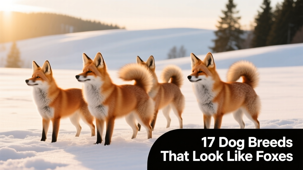 A group of spitz-type dogs with pointed ears, bushy tails, and vibrant reddish coats standing in a snowy field