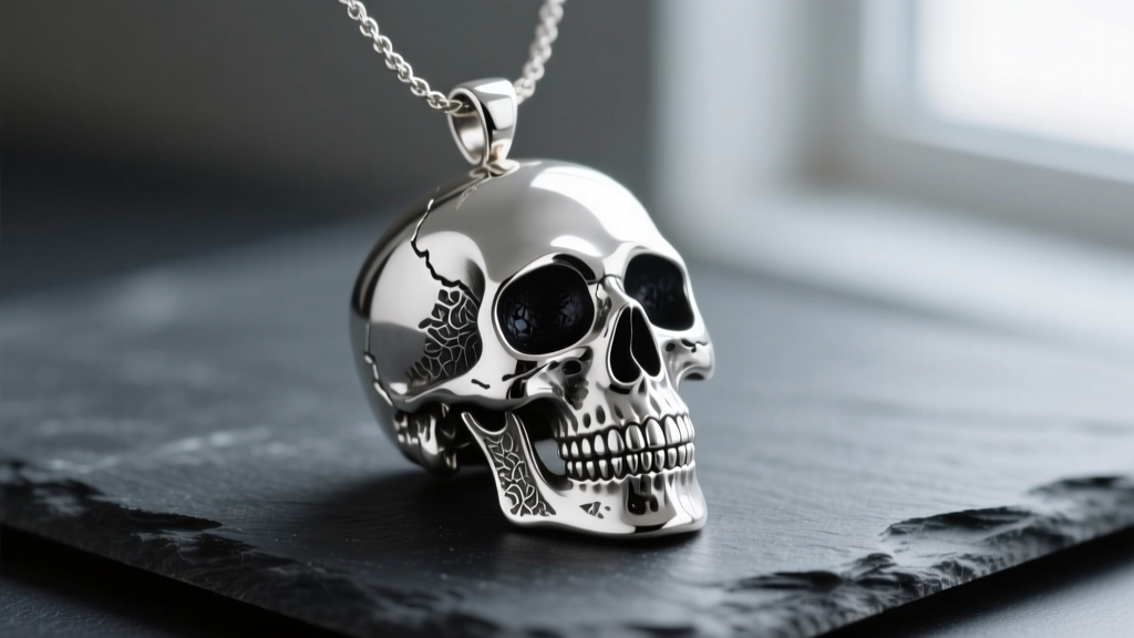 Detailed 925 sterling silver skull pendant necklace on dark slate, highlighting oxidized eye sockets and polished silver teeth.