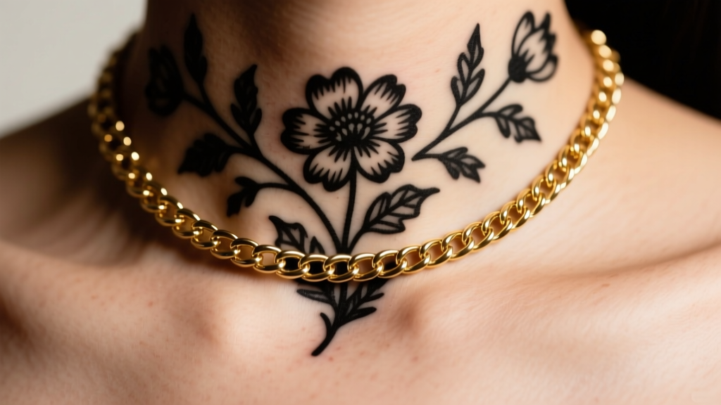 Close-up of a delicate 14k gold cable chain resting just above a faded blackwork floral necklace tattoo design on a collarbone.