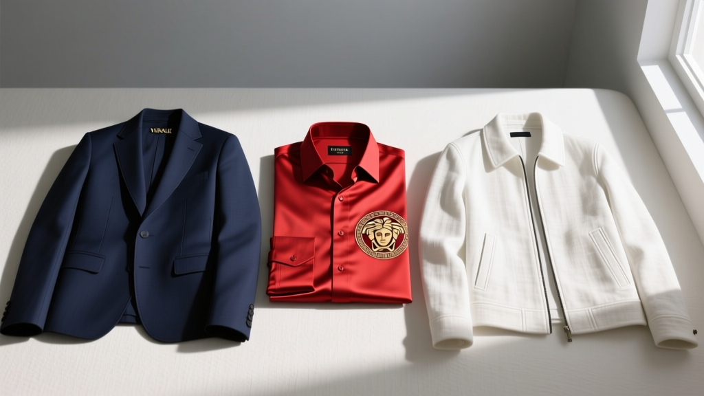 Flat lay of three different Versace men's chains including a Greca motif and a Cuban link, on dark slate background