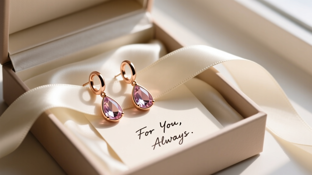 Open gift box displaying rose gold hoop drop earrings with teardrop morganite, surrounded by silk ribbon and a handwritten note.