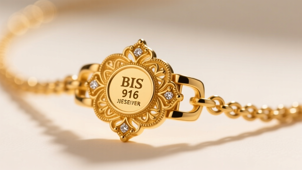 Macro shot of a traditional Indian gold necklace clasp showing the engraved BIS 916 hallmark and jeweler identification mark
