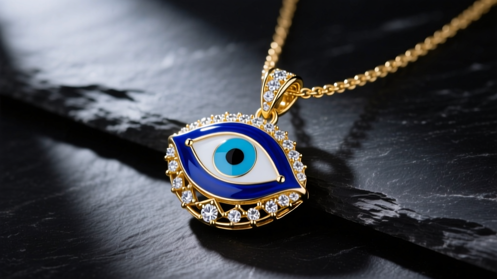 Close-up of blue enamel and diamond evil eye pendant on 18k gold chain, resting on dark slate with soft directional lighting.