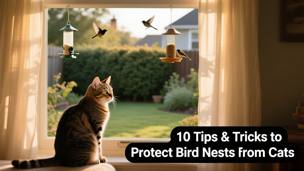 A domestic cat sitting calmly indoors near a window overlooking a backyard with bird feeders and shrubs