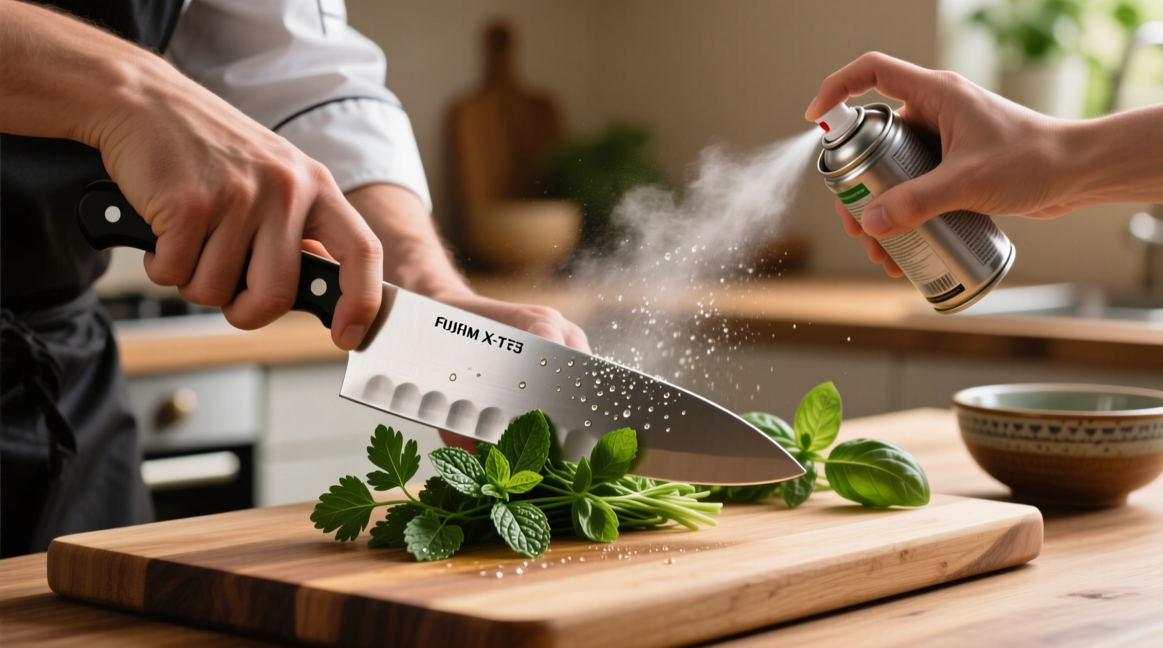keep herbs from sticking to your knife with cooking spr