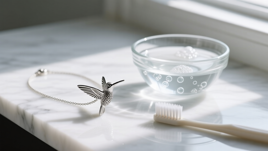 Glass bowl of mild soapy water and soft toothbrush next to a delicate silver hummingbird necklace on a white marble surface