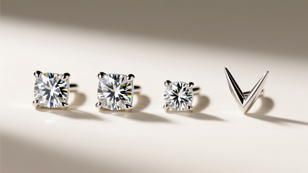 Side view of standard four-prong and V-prong martini settings for square diamond studs on a jeweler