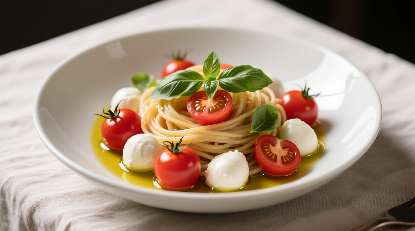 Fresh tomato mozzarella pasta in white bowl