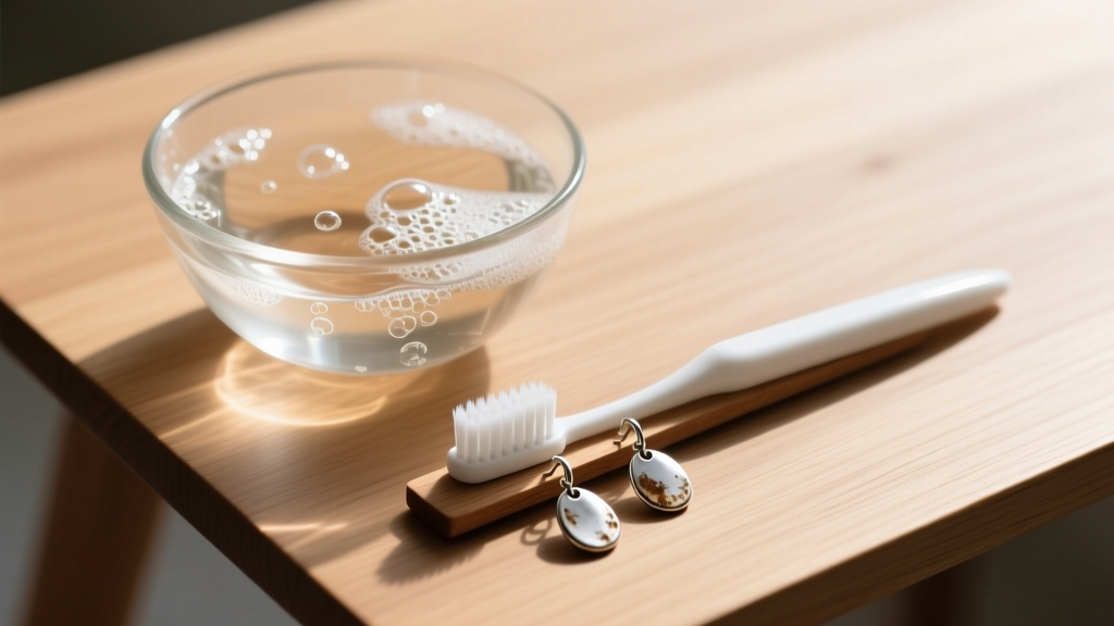 Overhead view of a glass bowl with warm soapy water, a soft toothbrush, and tarnished pure silver drop earrings on wood.