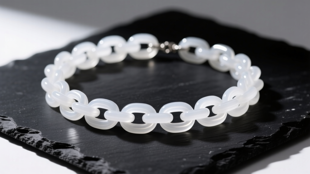 Chunky white cellulose acetate chain necklace resting on matte black slate, highlighting its translucent edges and smooth polish.
