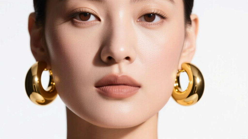 Close-up of a woman wearing 14k yellow gold medium puffy hoop earrings, soft studio lighting highlighting the domed reflective metal.