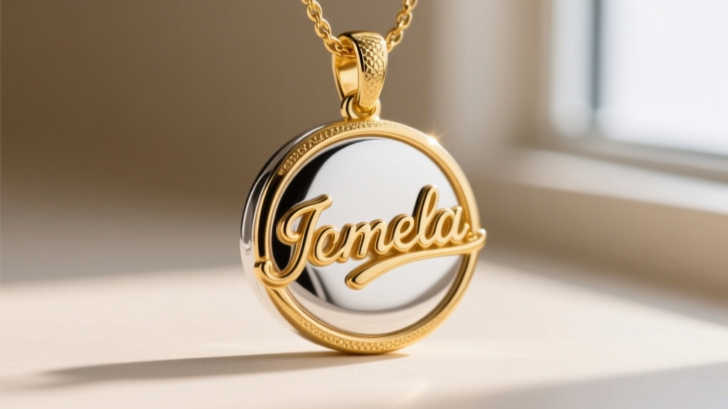 Macro view of a gold vermeil custom name pendant edge, showing the thick gold layer bonded to a polished sterling silver base