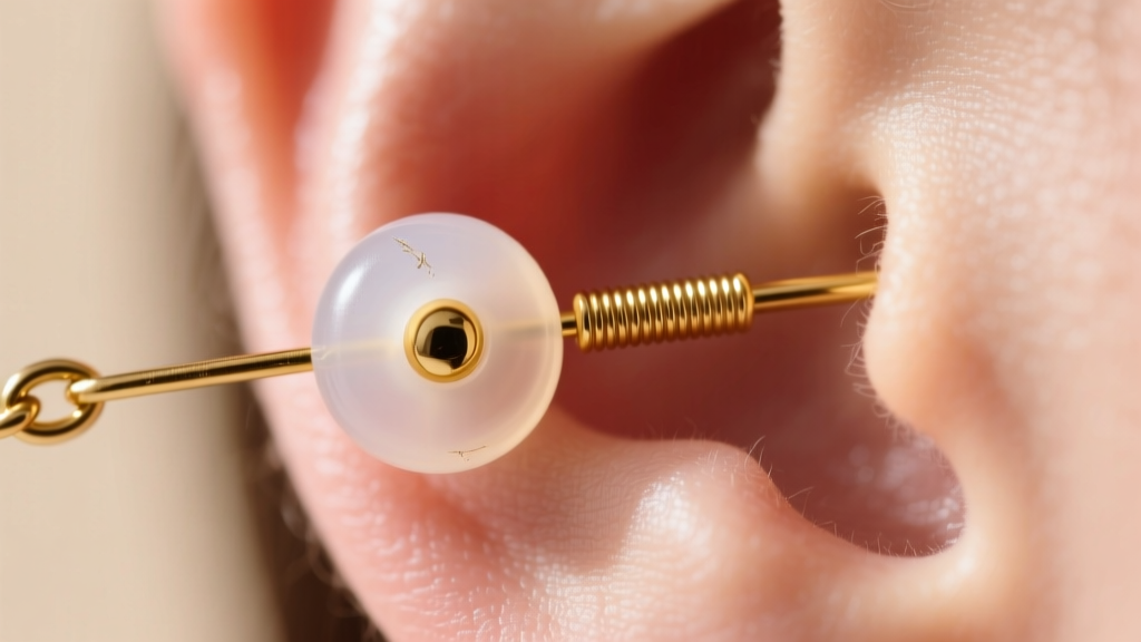 Macro shot of a silicone earring back securing a 20-gauge gold chain threader to prevent it from slipping out of the earlobe