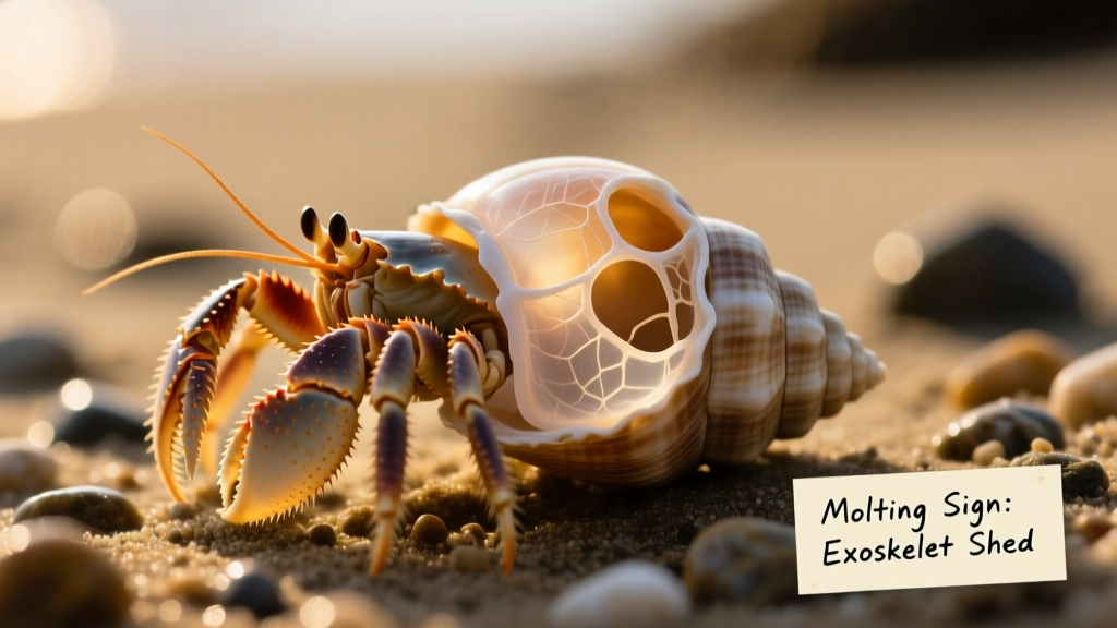 Close-up of a freshly shed hermit crab exoskeleton beside an empty shell, showing delicate, hollow structure