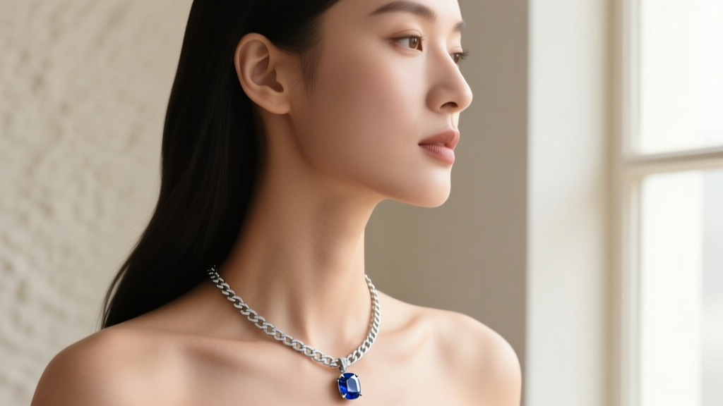 Side profile of a woman wearing a 16-inch sterling silver box chain with a sapphire pendant, showing the snug fit against her neck