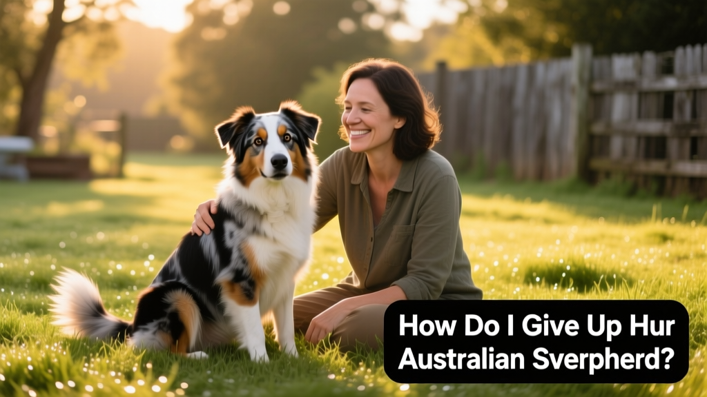 Australian Shepherd sitting calmly beside a person on a grassy yard, looking alert and friendly