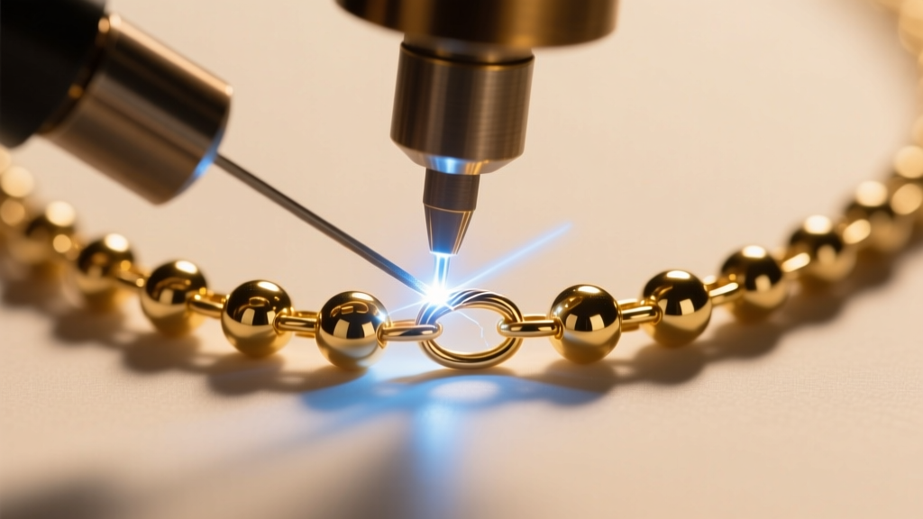 Close-up of a professional laser welder repairing a snapped 0.3mm wire link on a delicate 14k gold ball and chain necklace