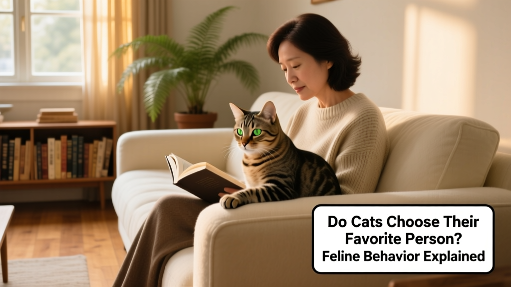 Cat sitting calmly beside a person reading quietly on the sofa