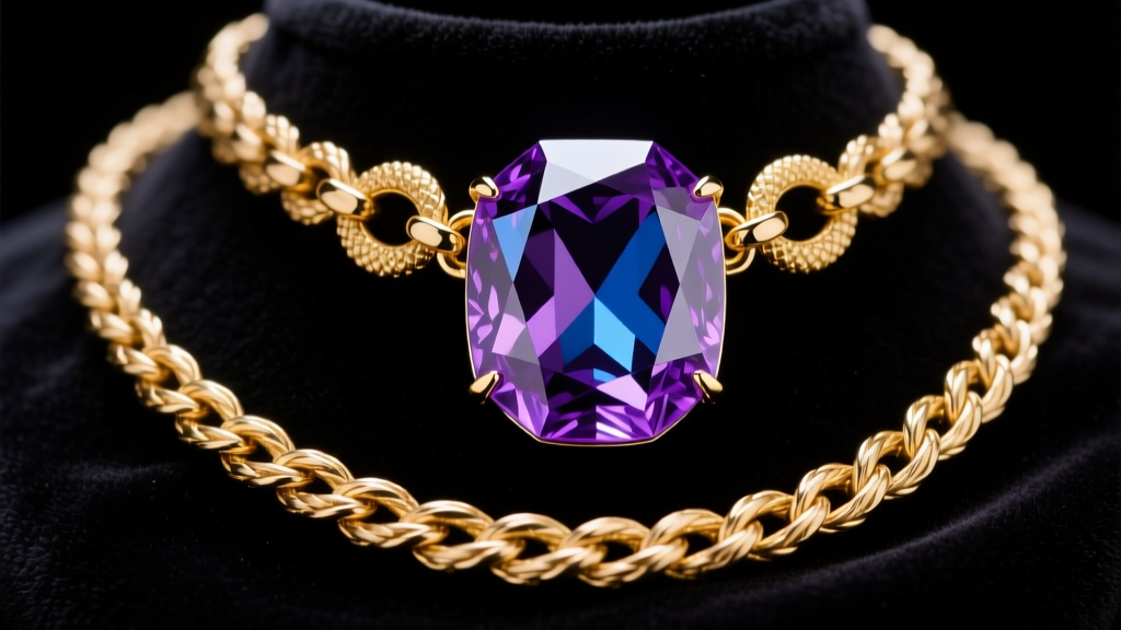 Close-up of a massive faceted amethyst mega stone necklace on dark velvet, highlighting the thick gold bail and heavy rope chain.