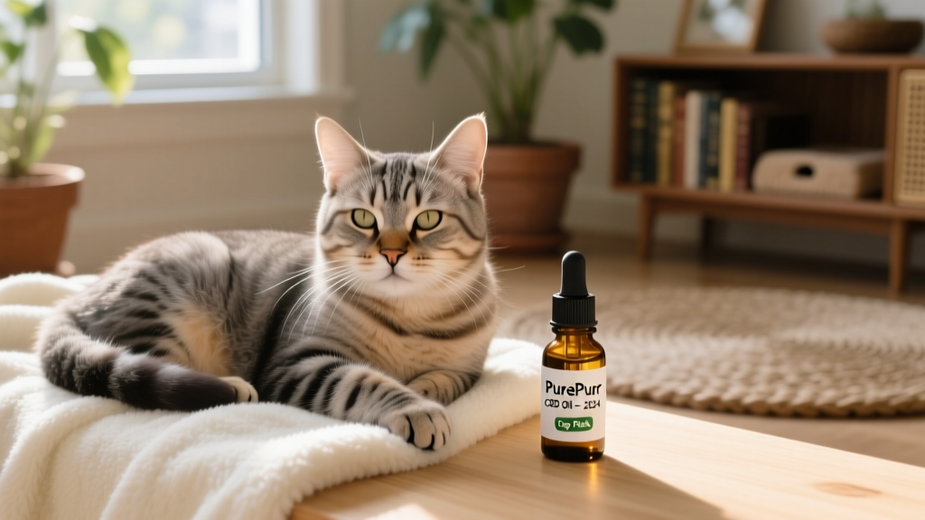 A calm, senior cat resting peacefully on a soft blanket, with a small dropper bottle of CBD oil nearby