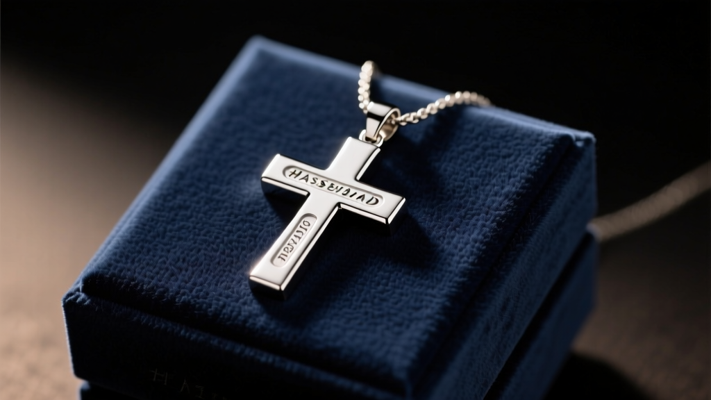 Polished 316L stainless steel cross pendant on a dark velvet gift box, lit by soft warm directional studio lighting