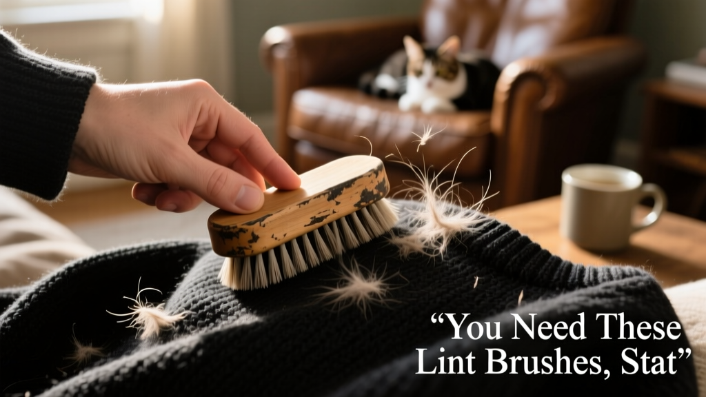 A close-up of a hand using a dual-sided rubber brush on a black sweater, lifting visible cat hair